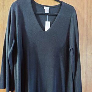 NWT Chico's V Neck Tunic Length Sweater in Black w/ Bell Sleeves size 2 (12/14)